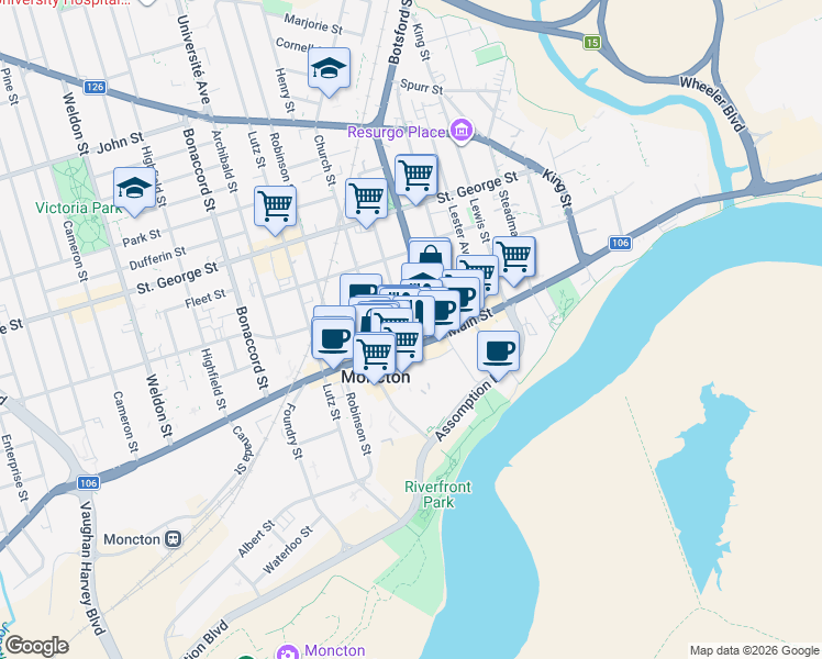 map of restaurants, bars, coffee shops, grocery stores, and more near 202-735 Main Street in Moncton