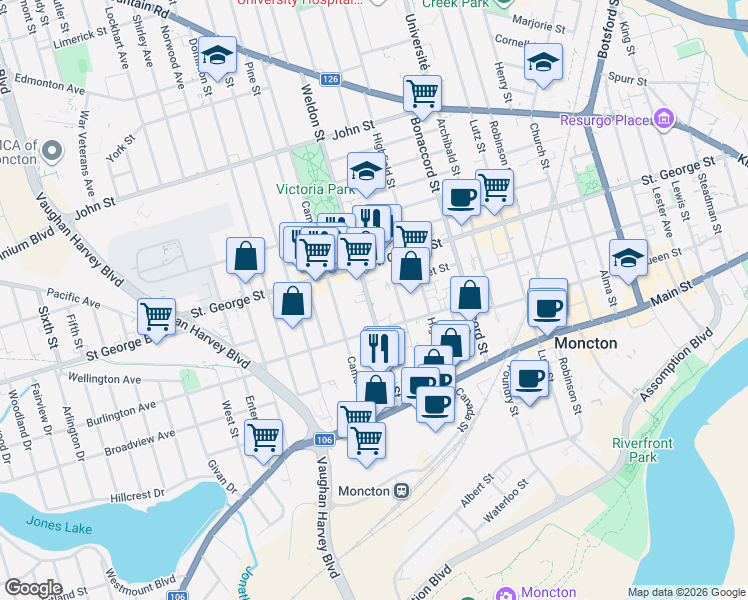 map of restaurants, bars, coffee shops, grocery stores, and more near in Moncton