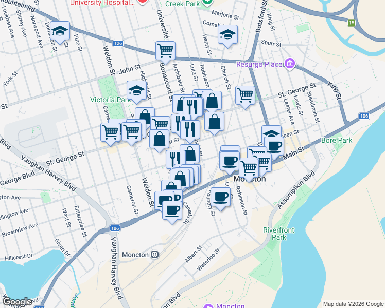 map of restaurants, bars, coffee shops, grocery stores, and more near 65 Bonaccord Street in Moncton
