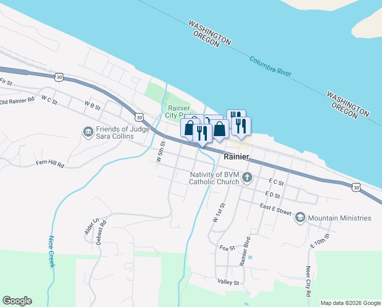 map of restaurants, bars, coffee shops, grocery stores, and more near 314 West C Street in Rainier