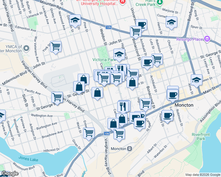 map of restaurants, bars, coffee shops, grocery stores, and more near 141 Cameron Street in Moncton