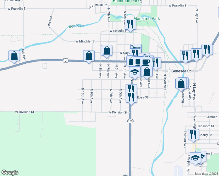 map of restaurants, bars, coffee shops, grocery stores, and more near 626 West Boyington Street in Iron River