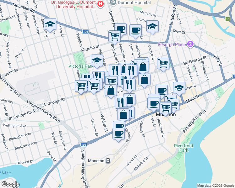 map of restaurants, bars, coffee shops, grocery stores, and more near 50 Fleet Street in Moncton