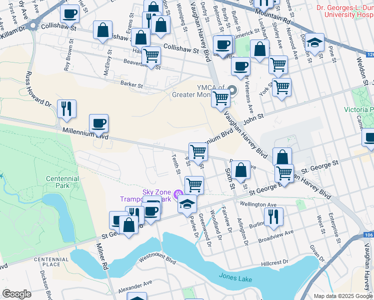 map of restaurants, bars, coffee shops, grocery stores, and more near 57 Millennium Boulevard in Moncton