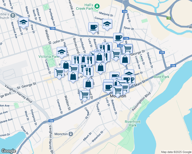 map of restaurants, bars, coffee shops, grocery stores, and more near 170 Victoria Street in Moncton