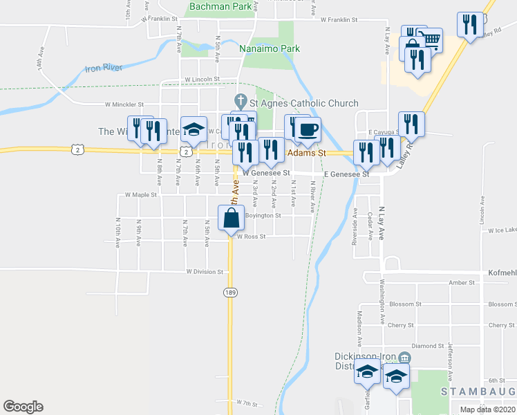 map of restaurants, bars, coffee shops, grocery stores, and more near 236 North 3rd Avenue in Iron River