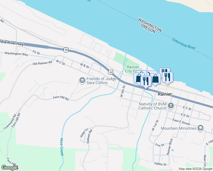map of restaurants, bars, coffee shops, grocery stores, and more near West C Street in Rainier