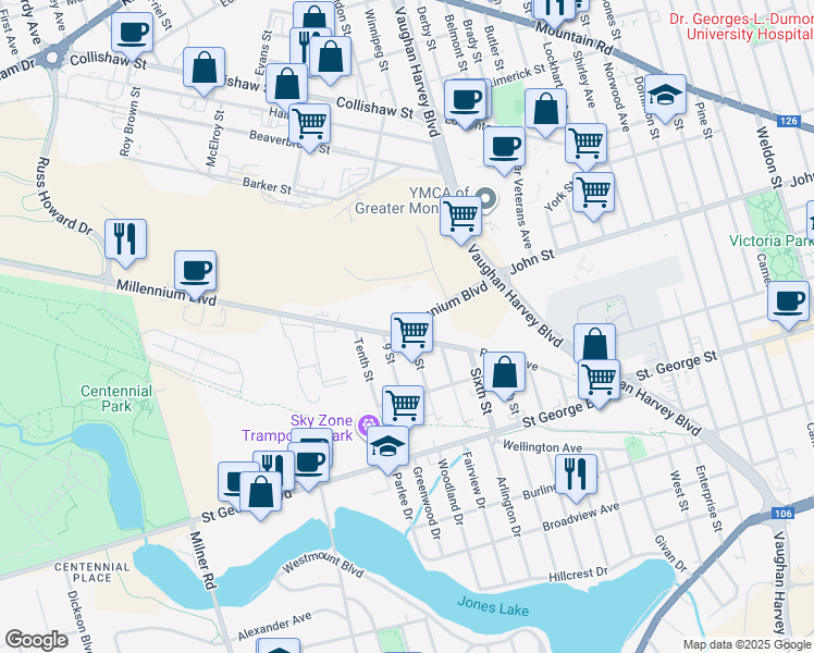 map of restaurants, bars, coffee shops, grocery stores, and more near 12 Millennium Boulevard in Moncton