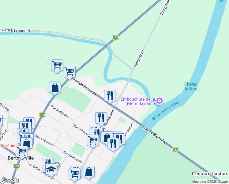 map of restaurants, bars, coffee shops, grocery stores, and more near Rue Rocheleau in Berthierville