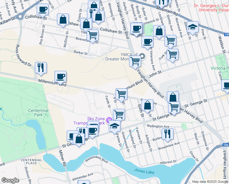 map of restaurants, bars, coffee shops, grocery stores, and more near 57 Millennium Boulevard in Moncton