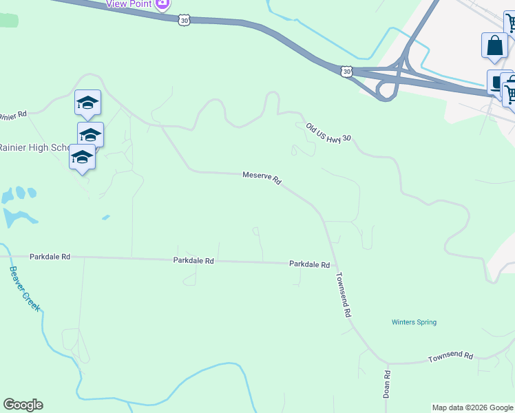 map of restaurants, bars, coffee shops, grocery stores, and more near 75455 Meserve Road in Rainier