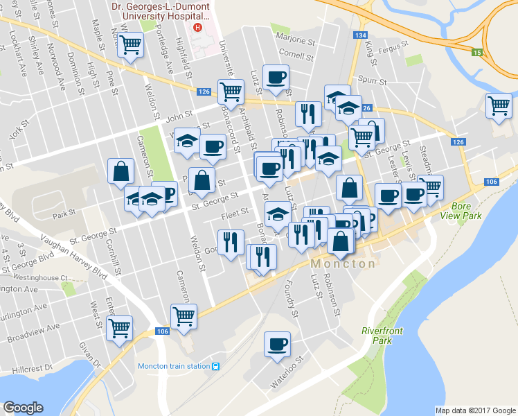 map of restaurants, bars, coffee shops, grocery stores, and more near 236 Saint George Street in Moncton