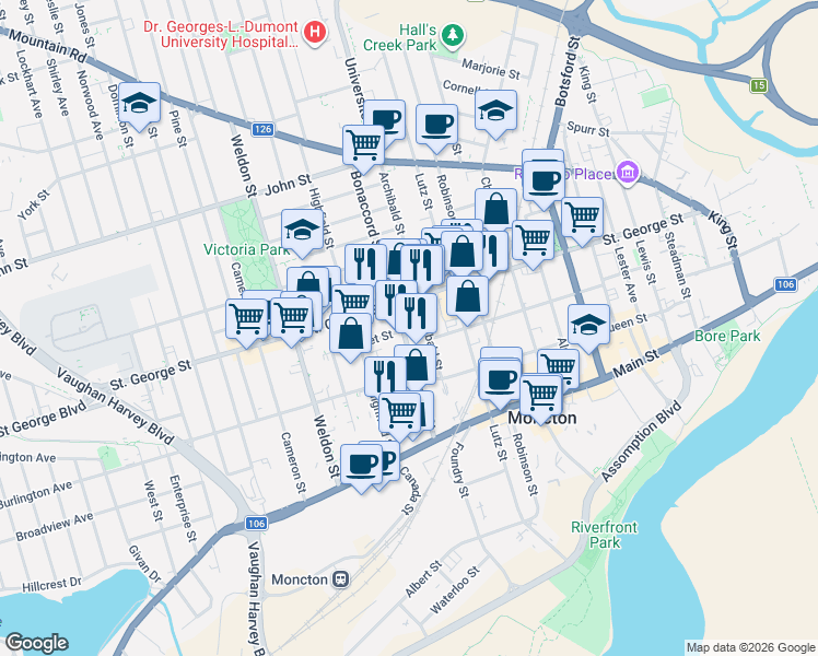 map of restaurants, bars, coffee shops, grocery stores, and more near 100 Archibald Street in Moncton