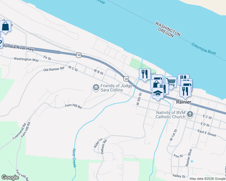 map of restaurants, bars, coffee shops, grocery stores, and more near 706 West C Street in Rainier