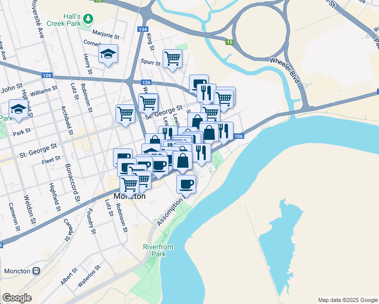 map of restaurants, bars, coffee shops, grocery stores, and more near 19 Lewis Street in Moncton