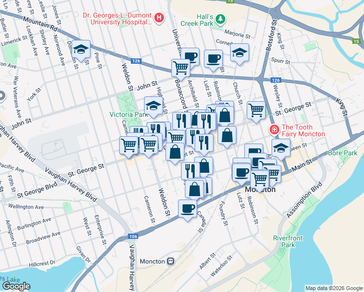 map of restaurants, bars, coffee shops, grocery stores, and more near 290 Saint George Street in Moncton