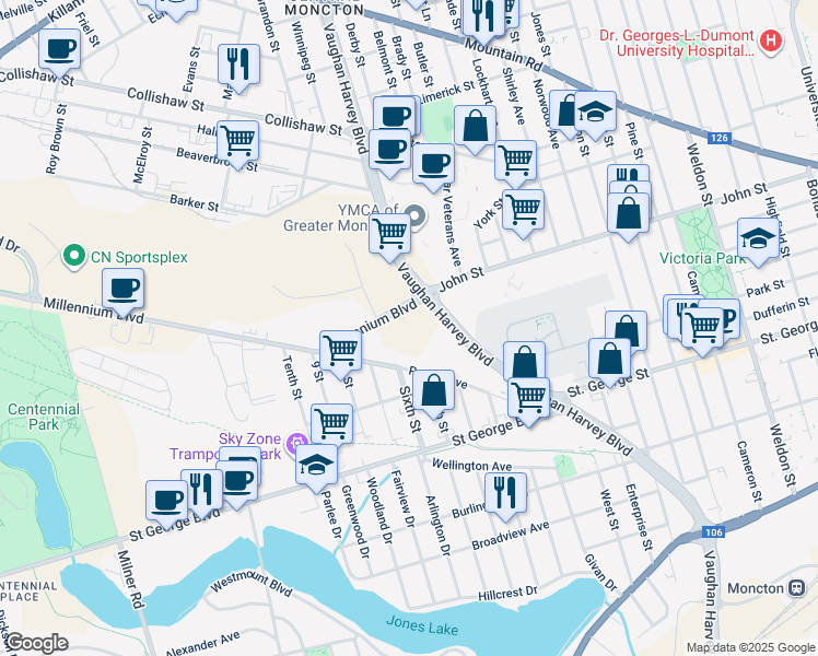 map of restaurants, bars, coffee shops, grocery stores, and more near 12 Millennium Boulevard in Moncton