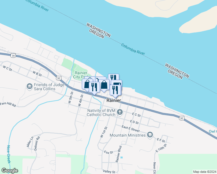 map of restaurants, bars, coffee shops, grocery stores, and more near 207 East A Street in Rainier