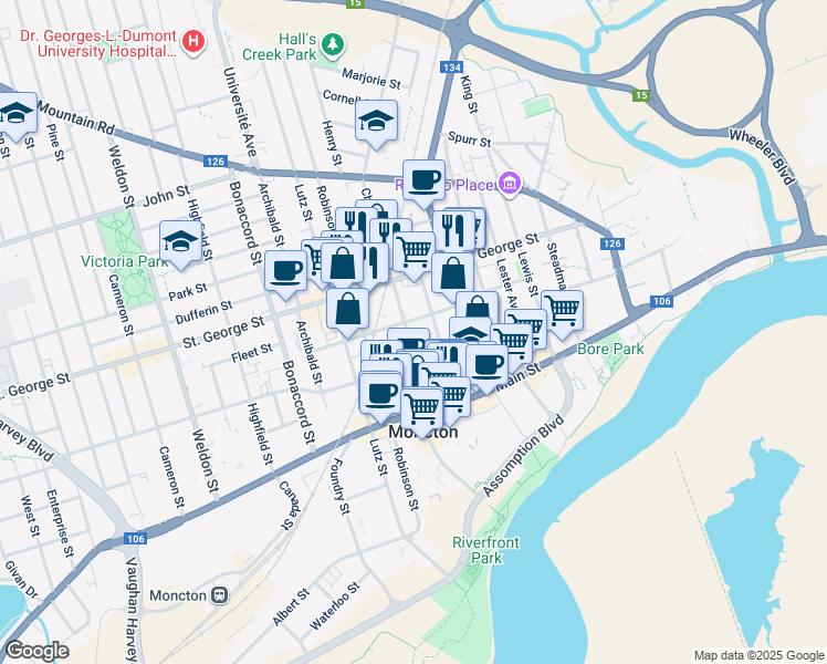 map of restaurants, bars, coffee shops, grocery stores, and more near in Moncton