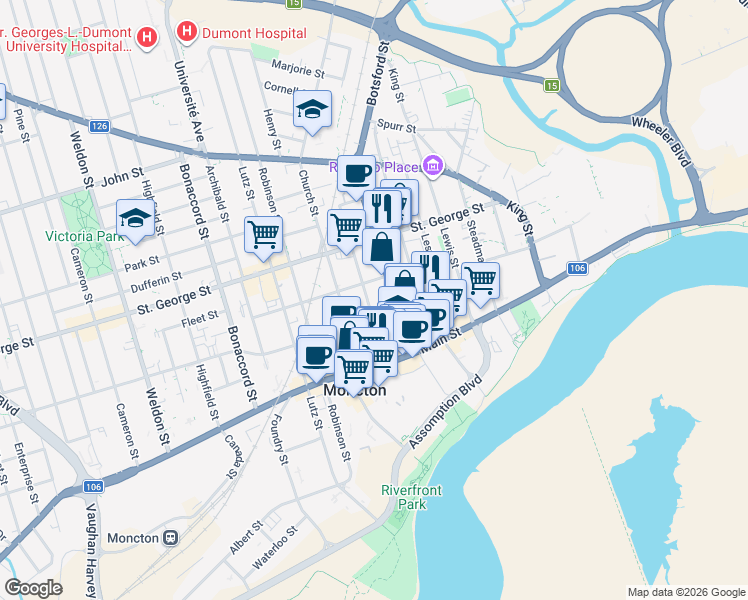 map of restaurants, bars, coffee shops, grocery stores, and more near 63 Alma Street in Moncton