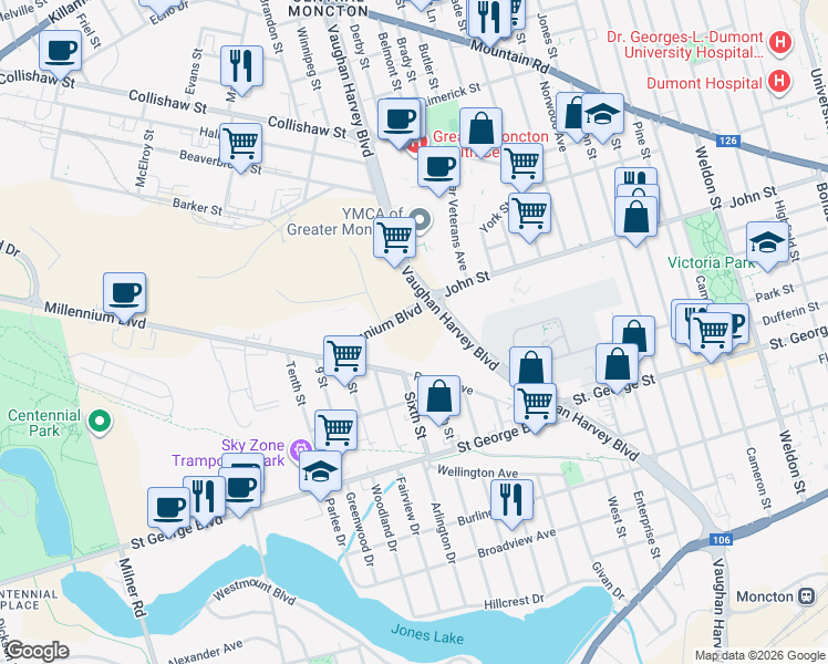map of restaurants, bars, coffee shops, grocery stores, and more near 12 Millennium Boulevard in Moncton