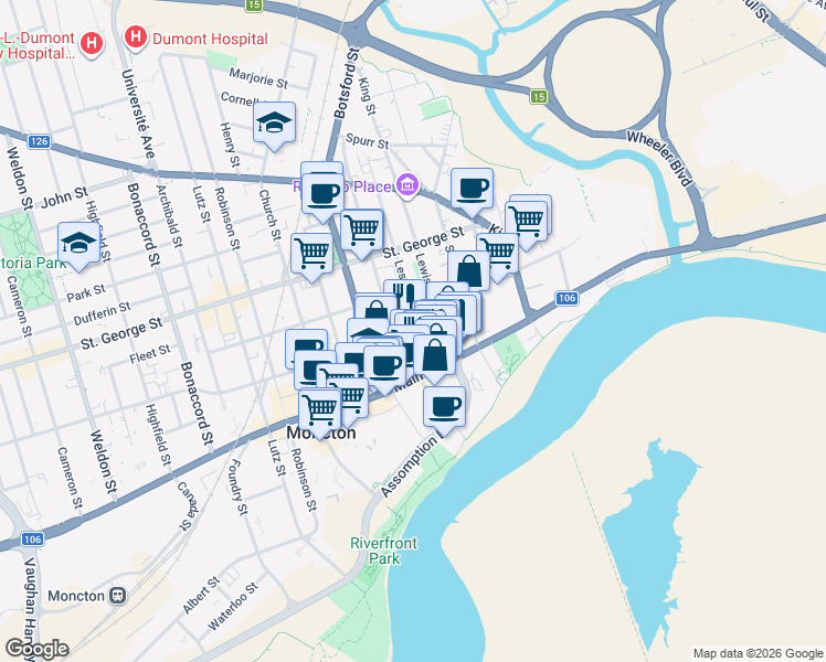 map of restaurants, bars, coffee shops, grocery stores, and more near 60 Queen Street in Moncton