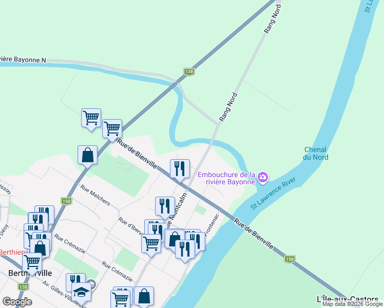 map of restaurants, bars, coffee shops, grocery stores, and more near Rue Rocheleau in Berthierville