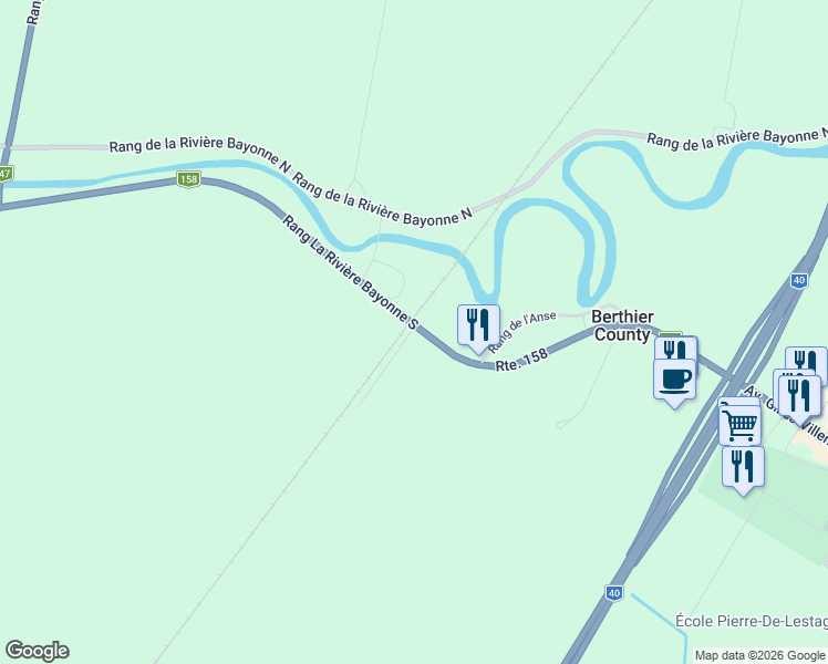 map of restaurants, bars, coffee shops, grocery stores, and more near 471 Rang de la Rivière Bayonne Nord in Berthierville