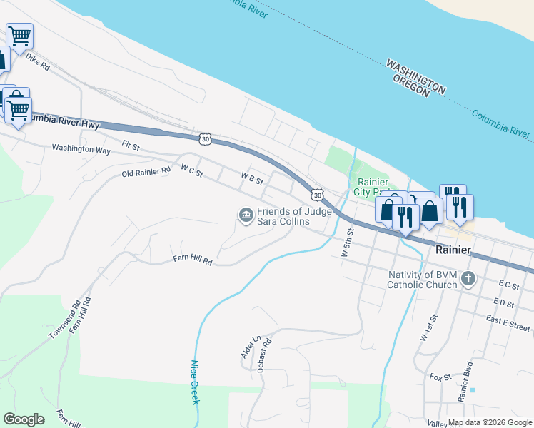 map of restaurants, bars, coffee shops, grocery stores, and more near 814 West D Street in Rainier