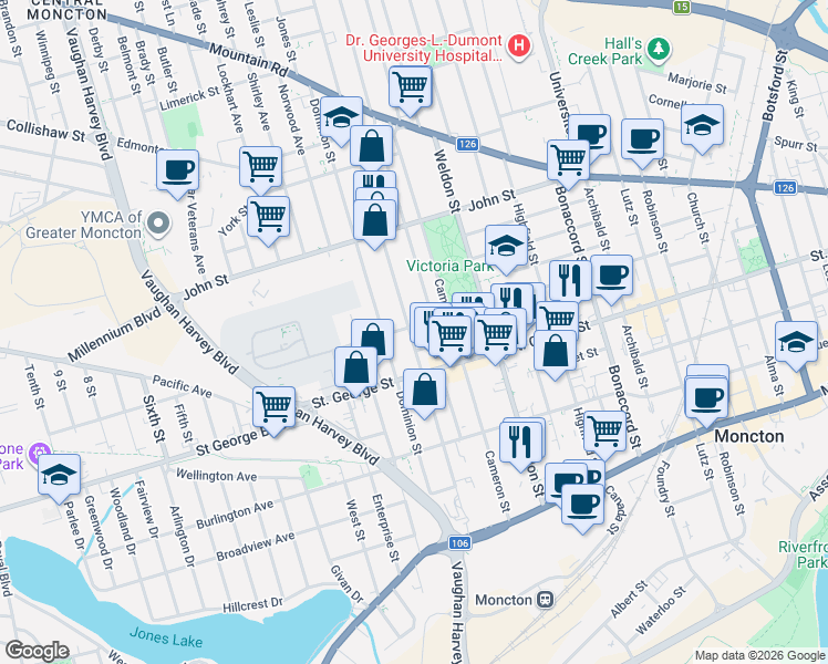 map of restaurants, bars, coffee shops, grocery stores, and more near in Moncton