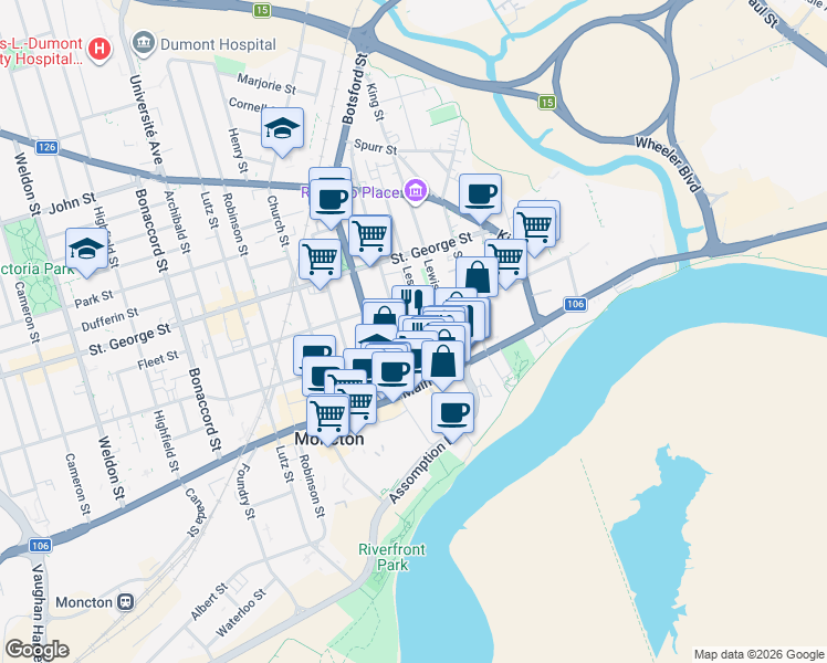 map of restaurants, bars, coffee shops, grocery stores, and more near 55 Queen Street in Moncton
