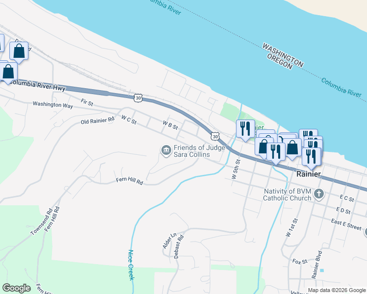 map of restaurants, bars, coffee shops, grocery stores, and more near 814 West D Street in Rainier