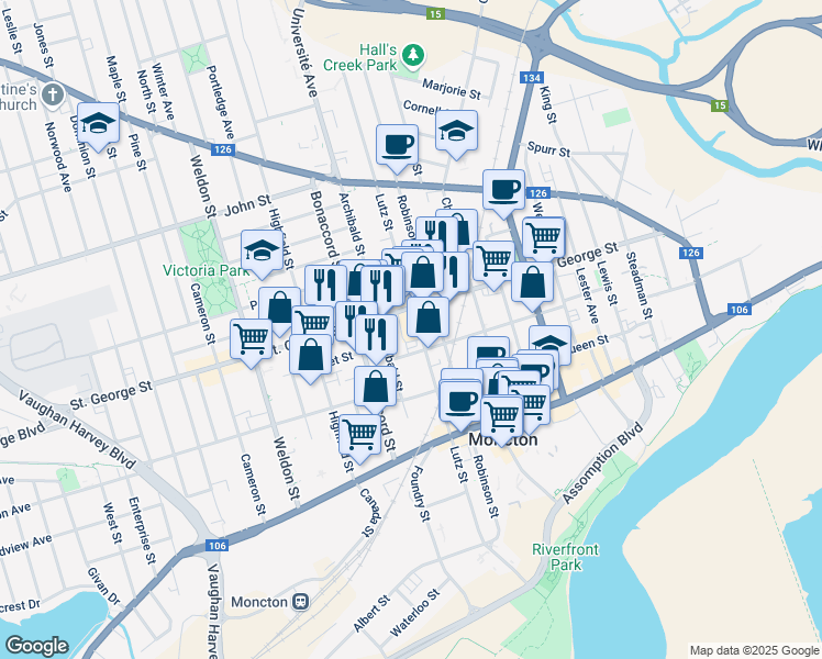 map of restaurants, bars, coffee shops, grocery stores, and more near 224 Saint George Street in Moncton