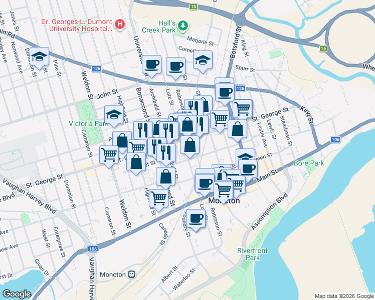 map of restaurants, bars, coffee shops, grocery stores, and more near 224 Saint George Street in Moncton
