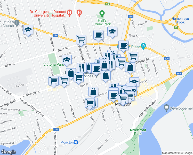 map of restaurants, bars, coffee shops, grocery stores, and more near 236 Saint George Street in Moncton
