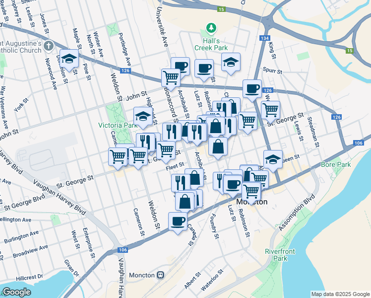 map of restaurants, bars, coffee shops, grocery stores, and more near Saint George Street in Moncton