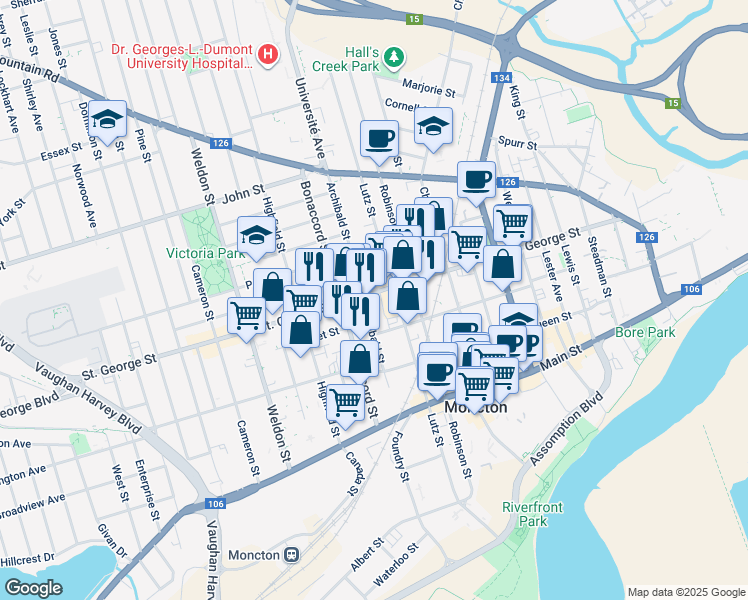map of restaurants, bars, coffee shops, grocery stores, and more near 224 Saint George Street in Moncton