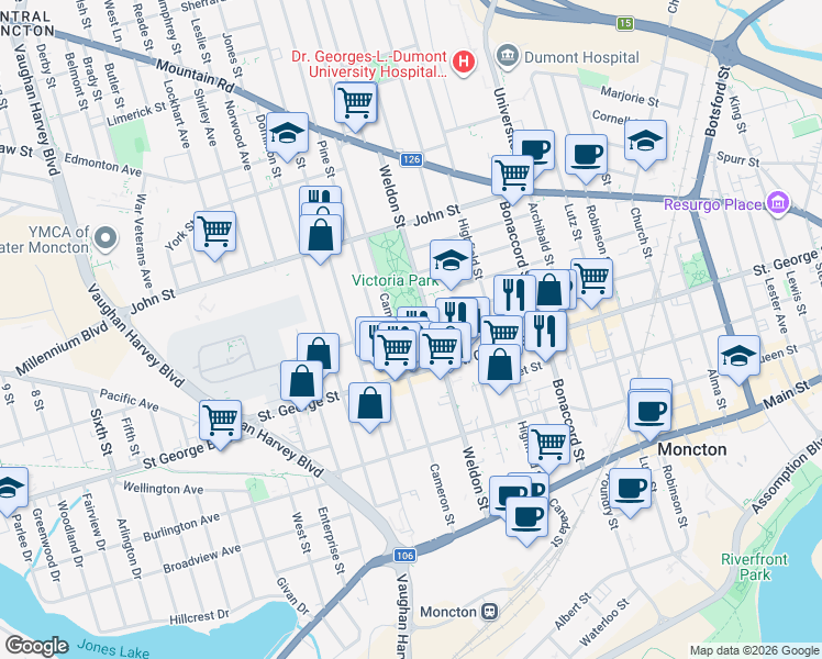 map of restaurants, bars, coffee shops, grocery stores, and more near 174 Park Street in Moncton