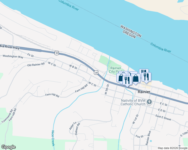 map of restaurants, bars, coffee shops, grocery stores, and more near West B Street in Rainier