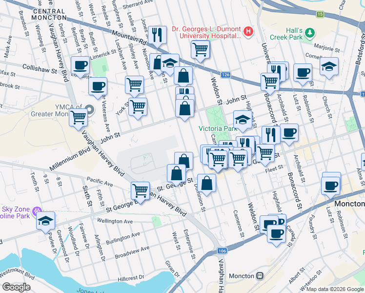 map of restaurants, bars, coffee shops, grocery stores, and more near in Moncton
