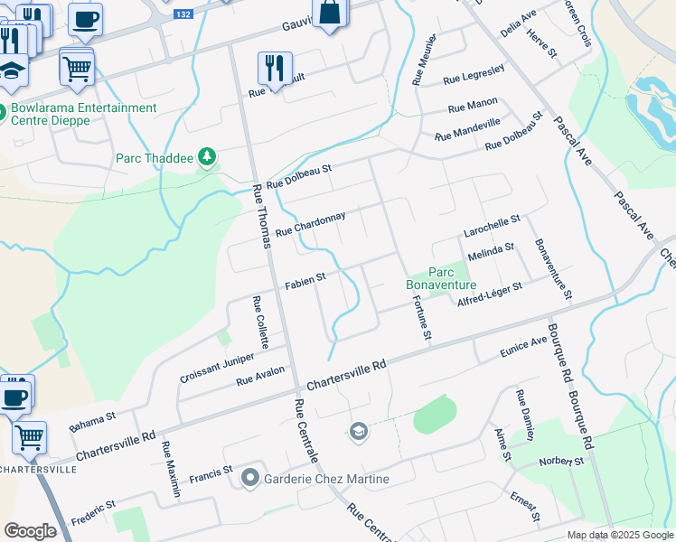 map of restaurants, bars, coffee shops, grocery stores, and more near Fabien Street in Dieppe