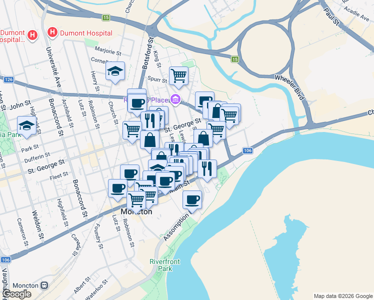 map of restaurants, bars, coffee shops, grocery stores, and more near Lewis Street in Moncton