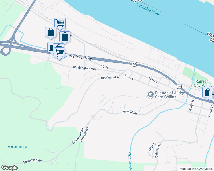 map of restaurants, bars, coffee shops, grocery stores, and more near 29660 Riverview Terrace in Rainier