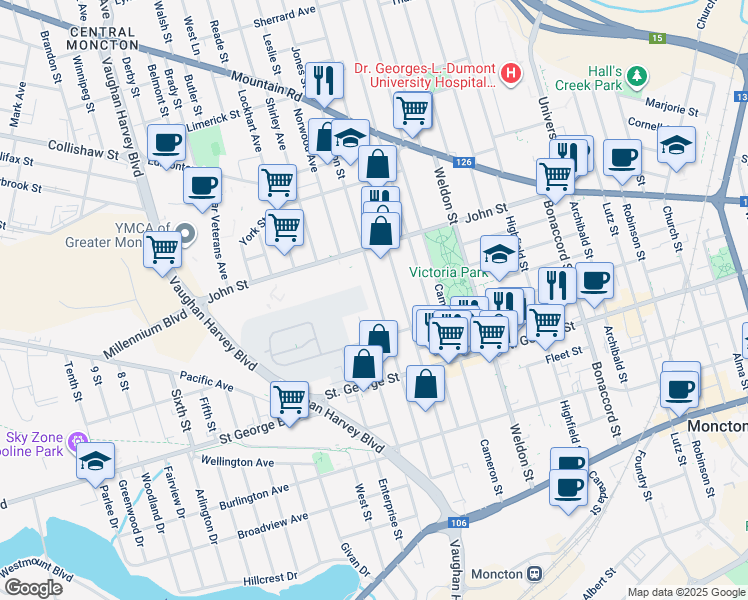 map of restaurants, bars, coffee shops, grocery stores, and more near 186 Dominion Street in Moncton