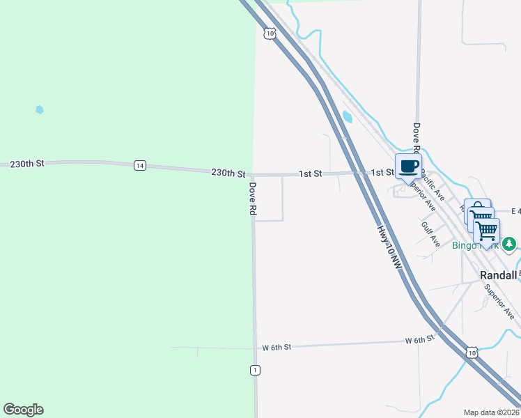 map of restaurants, bars, coffee shops, grocery stores, and more near 6995 230th Street in Randall