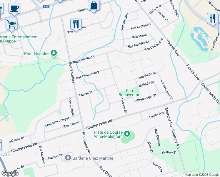 map of restaurants, bars, coffee shops, grocery stores, and more near 123 Fabien Street in Dieppe