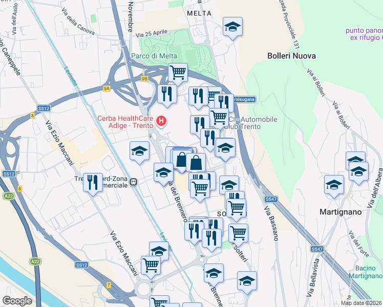 map of restaurants, bars, coffee shops, grocery stores, and more near 40 Via Renato Lunelli in Trento