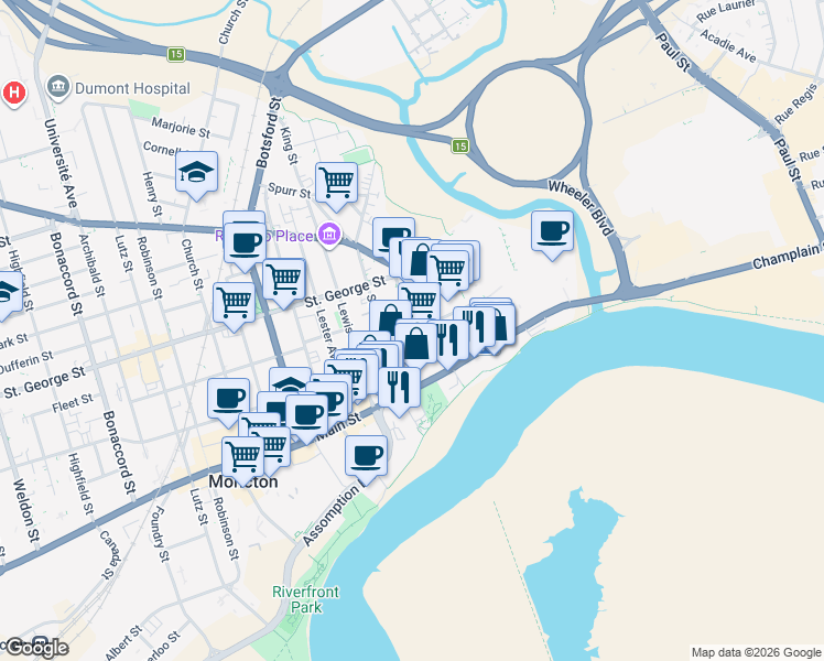 map of restaurants, bars, coffee shops, grocery stores, and more near Rabbi Lippa Medjuck Street in Moncton