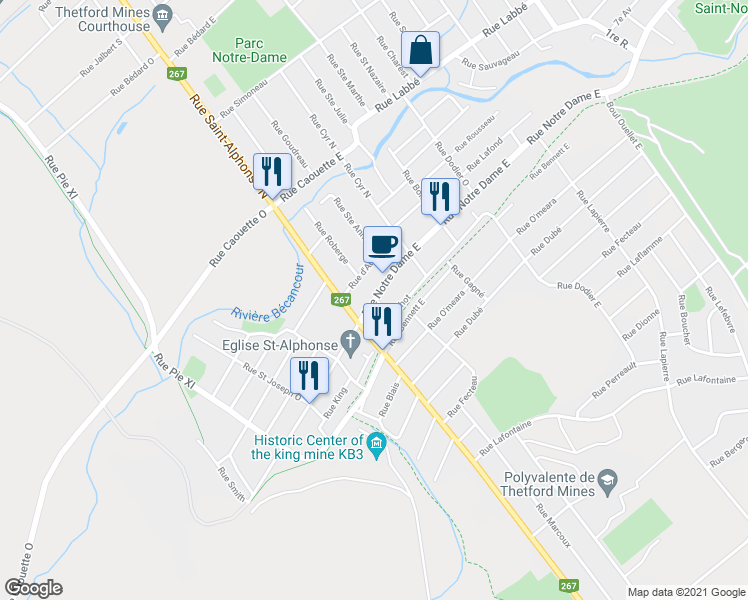 map of restaurants, bars, coffee shops, grocery stores, and more near 31 Rue Notre Dame Est in Thetford Mines