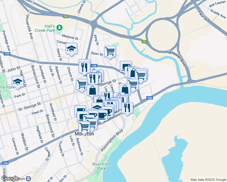 map of restaurants, bars, coffee shops, grocery stores, and more near Lewis Street in Moncton